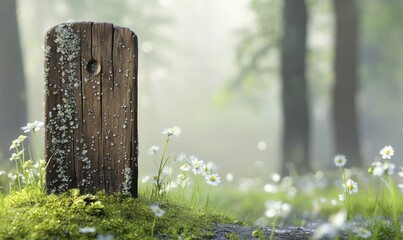 A weathered wooden post surrounded by daisies in a misty forest, evoking tranquility and nature