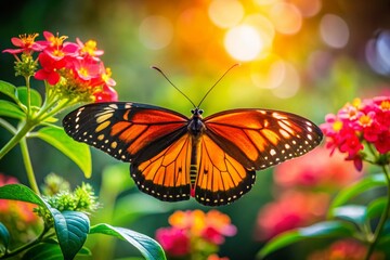 Fototapeta premium Silhouette Butterfly on Pink Flowers & Leaf - Vibrant Garden