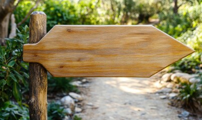Naklejka premium A wooden directional signpost along a serene, leafy pathway in a tranquil outdoor setting