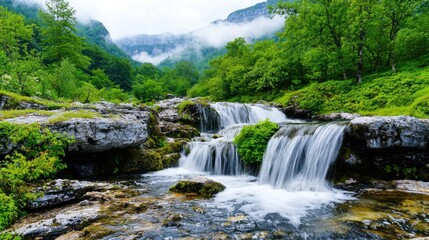 Obraz premium Cascading waterfall flows through lush green mountainous forest landscape