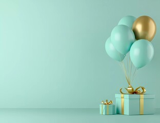 3D rendering of turquoise, gold, and pastel blue balloons with gift boxes on a light green background. Birthday party decoration mockup design for celebration.