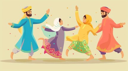 Fototapeta premium A family performing a traditional Eid Mubarak dance with