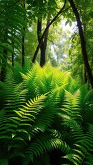 Fototapeta premium Lush green fern thicket with sunlight filtering through, nature, light