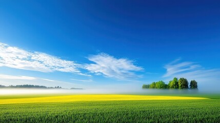 Obraz premium Foggy rural landscape features colorful fields and blue sky