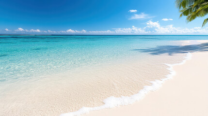 Fototapeta premium tranquil beach with clear blue water and sunny sky invites relaxation