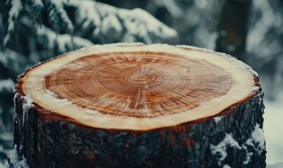 Fototapeta premium Close-up of a freshly cut tree stump in a snowy forest, showcasing annual rings and winter scenery