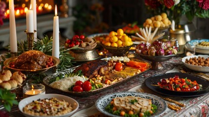 Obraz premium A festive Eid Mubarak dinner setup with family and friends with