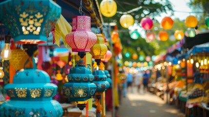 A festive Eid Mubarak street fair with colorful stalls and decorations with