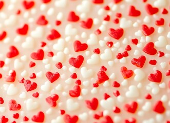 Abstract background with red hearts for Valentine's Day. Blurred, defocused background with small white and pink heart shapes. Love concept. 