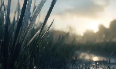Close-up of dew-covered grass at sunrise with a serene water reflection in the background
