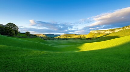 Obraz premium Scenic view of a vibrant green valley during golden hour