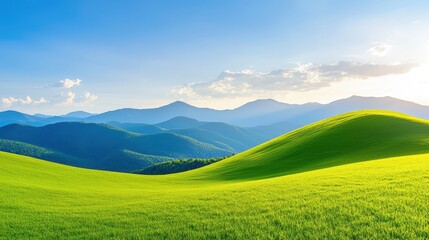 Obraz premium Rolling green hills lead to distant mountains under a bright sky