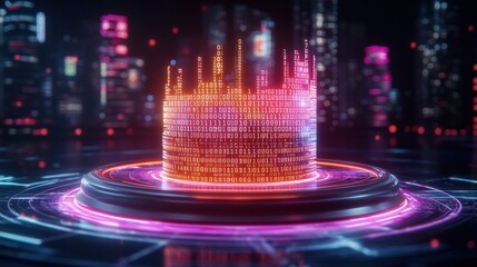 Futuristic cityscape with binary code and holographic data modeling in a digital environment