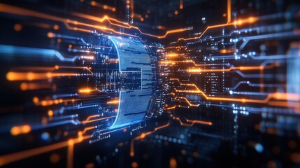 Futuristic abstract background featuring a city skyline and digital data flow in blue tones and patterns