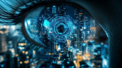 Fototapeta premium Futuristic city scene reflected in a human eye with digital interface overlay