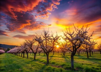 Fototapeta premium Silhouette of Plum Orchard Drone Footage, Bukovina Farm, Even Rows, Sunset