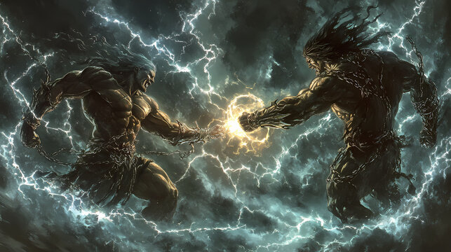 Licenses sealed: legal titans join business forces negotiations deal business. Thunder-Chained Titans. Illustration