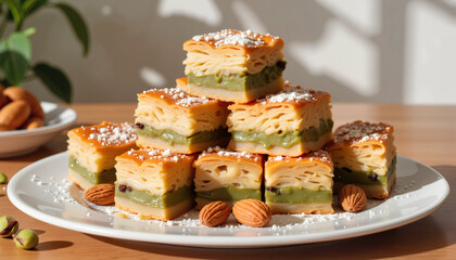 Delicious layered dessert with nuts on wooden table