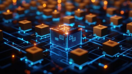 Obraz premium Futuristic warehouse interior featuring a glowing cube and interconnected lighting effects