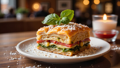 Delicious lasagna with fresh basil on wooden table