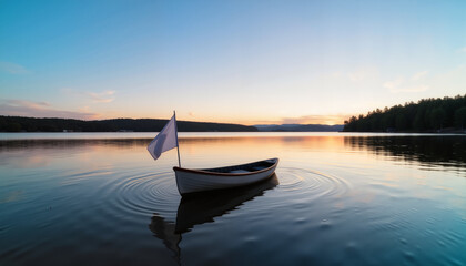Obraz premium Boat with a white flag on calm water at sunset