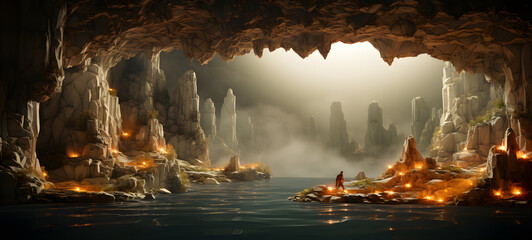 A miniature cave world model was created using delicate origami techniques to create a three-dimensional effect, Ai Generative