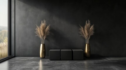 Minimalist interior, display, vases, pampas grass, dark wall, window view, product placement