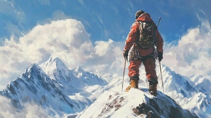 Climber atop snowy mountain peak, gazing at majestic panoramic view.