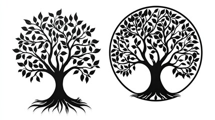 Elegant black tree silhouette designs showcasing intricate leaf patterns and roots in a minimalist style