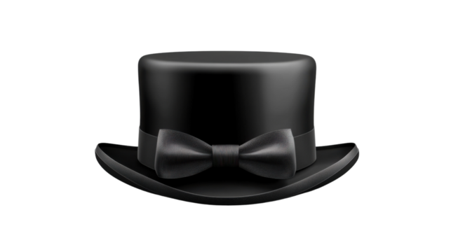 Black top hat with bow tie on transparent background