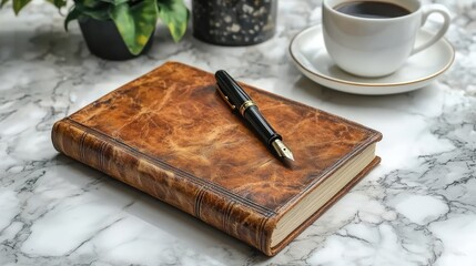 Elegant brown leather journal with a fountain pen on a marble table beside a coffee cup and plant
