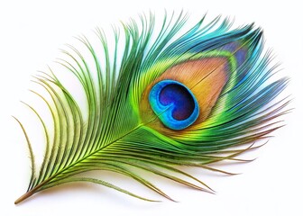 Obraz premium Single Peacock Feather Close-Up: Isolated Minimalist White Background Stock Photo