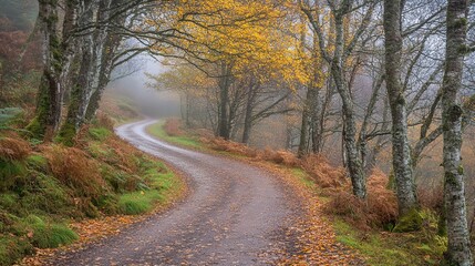 Obraz premium Winding road through autumnal forest in mist.