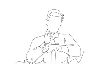 Business man checking pulse on neck using smartwatch. Counting pulse concept one-line drawing