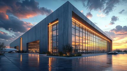 Obraz premium Modern industrial building with large glass windows and sunset backdrop.