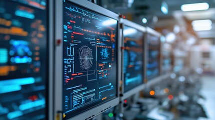 Futuristic Digital Interface Control Panel Glowing Screens Complex Data Display