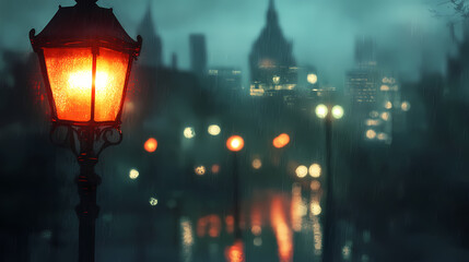 A rainy street scene with a clear street light in front and an out-of-focus city backdrop behind a lamp post. Phantom-Lit Street Lamps. Illustration