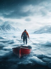 Naklejka premium Lone explorer navigates icy Arctic waters, a red boat adrift in a desolate, snow-covered landscape.