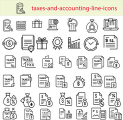 A Taxes Line Icon Set includes minimalistic icons representing tax documents, calculations, payments, refunds, audits, and financial reports, used for accounting and finance-related websites and appli