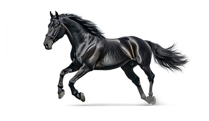 Majestic Black Friesian horse galloping; powerful, elegant stride.