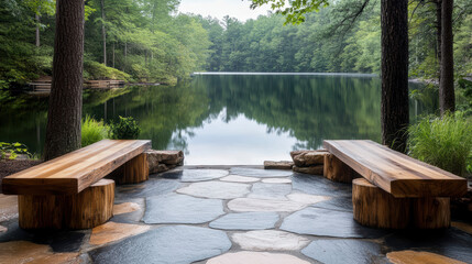 Fototapeta premium Rustic patio with wooden benches overlooking tranquil lake view
