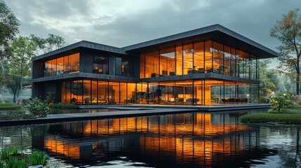Obraz premium Modern glass house reflecting in a serene pond at dusk.