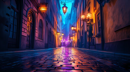 Fantasy medieval town street with pavement and illumination, neural network generated art. digitally generated image. not based on any actual scene or pattern. Phantom-Lit Street Lamps. Illustration