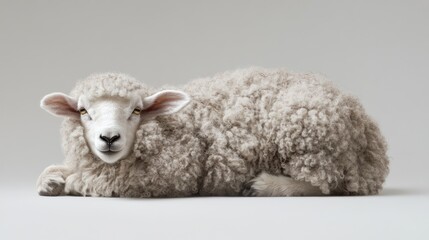 Obraz premium Fluffy sheep resting, studio shot, grey background, wool texture, farm animal