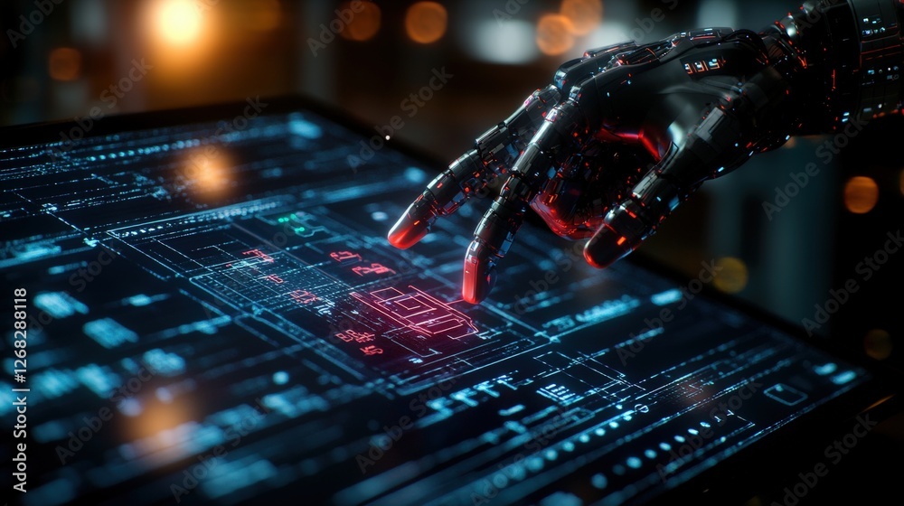 Poster robot hand interacting with digital computer screen interface technology in modern futuristic settin