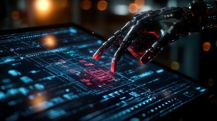 Robot hand interacting with digital computer screen interface technology in modern futuristic setting
