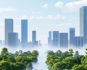 Fototapeta premium Green Tech Climate Change Mitigation Concept, A futuristic city with bioengineered trees filtering air pollution, merging technology with nature for a cleaner future