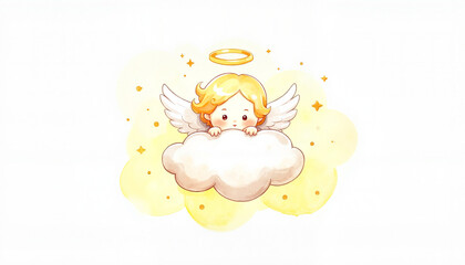 Angel baby peeking over a fluffy cloud with a halo