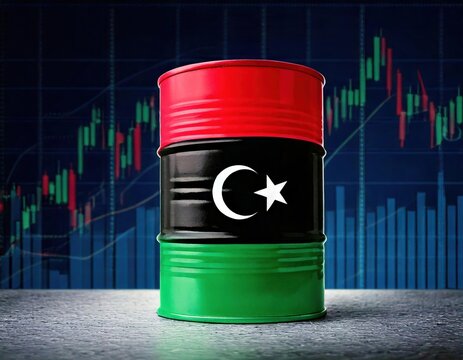 Oil barrel with Libyan flag colors on a financial market background displays economic significance - Powered by Adobe