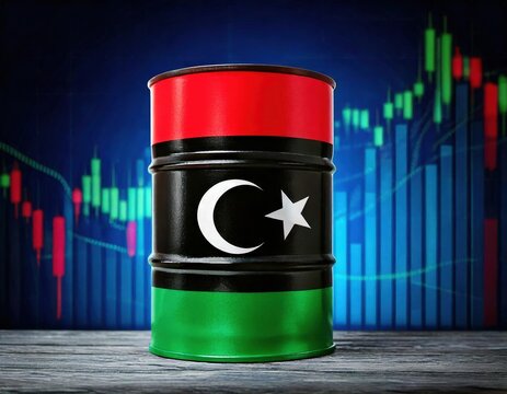 Oil barrel decorated with Libyan national colors on a financial background - Powered by Adobe